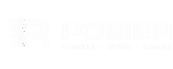 A minimalist white square featuring the brand name 'POEIER' in a very light gray, almost white, sans-serif font, with the tagline 'GEANKER * GEBOU * GENOEG' underneath.